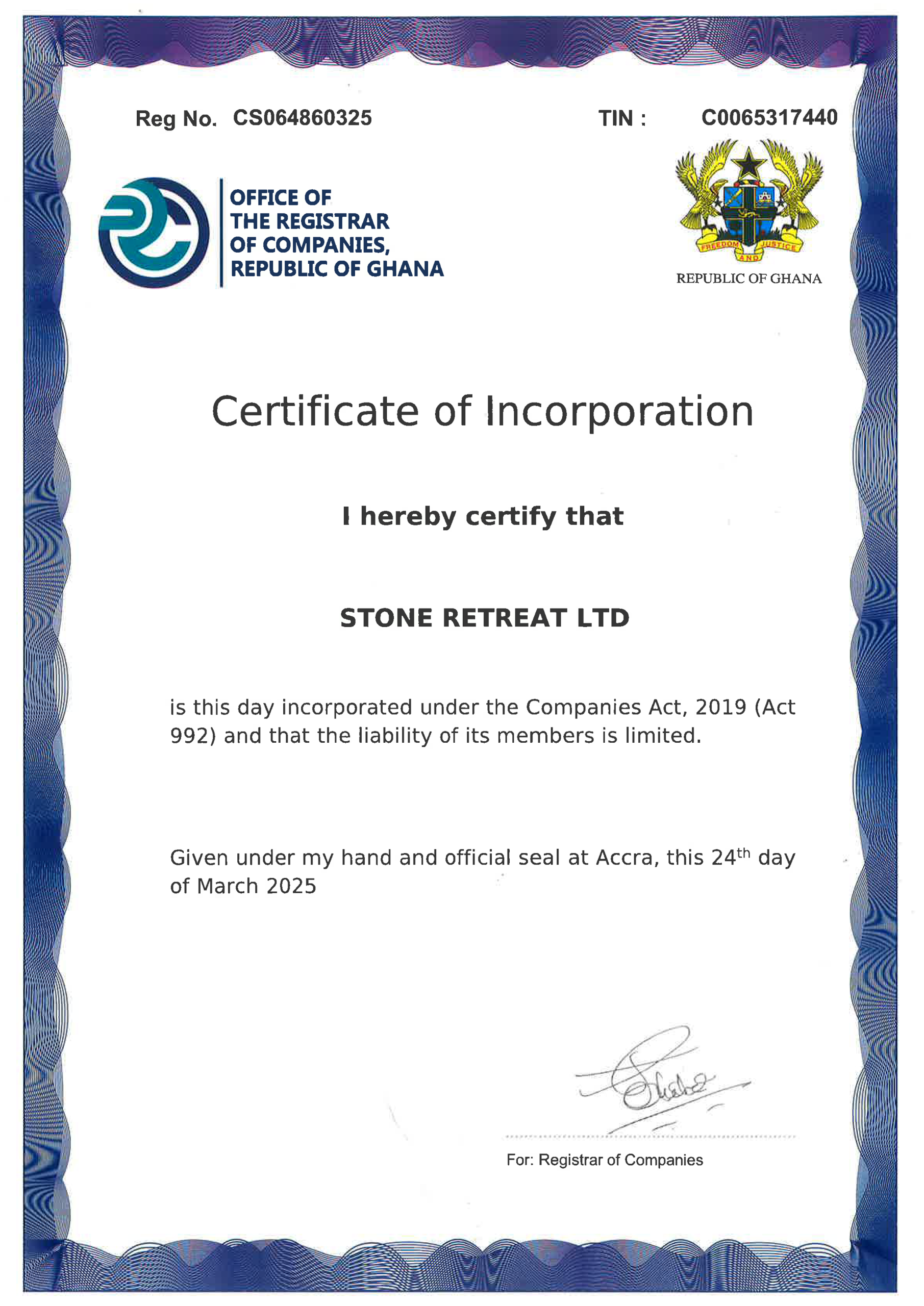 Stone Retreat Certificate